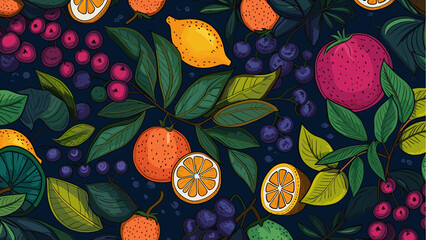 Wall Mural - Bright, summery fruit mix. Seamless pattern. Modern exotic design for wrapping, wallpaper, fabric, decoration print, interior decor and more generativ ai