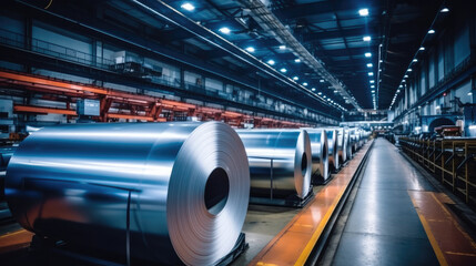 Poster - Rolls of galvanized steel sheet inside the industry factory.