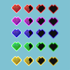 Fototapete - Pixel art sets of heart with variation color items asset. simple heart bar icon on pixelated style.8bits perfect for game asset or design asset element for your game design asset.