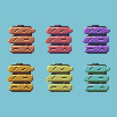 Fototapete - Pixel art sets of wood sign plank with variation color items asset. simple wooden block sign on pixelated style.8bits perfect for game asset or design asset element for your game design asset.