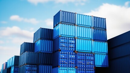 Stack of blue container boxes at cargo station freight shipping for import and export logistics, Business and transportation concept.