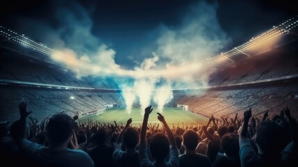 Fans on stadium game and audiences people celebration with spotlight colorful lighting background inside soccer stadium.