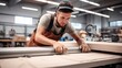 © visoot - Carpenter operating machine for wood processing at a furniture factory.