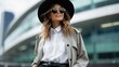 © visoot - Young stylish woman in sunglasses in a black hat walks on street against the backdrop of office buildings.