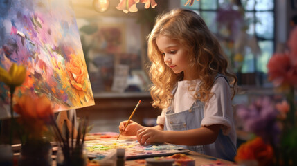 Canvas Print - Girl paints a picture with paints on canvas