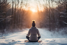 Person Meditating In Nature With An Emphasis On Tranquility, Mindfulness, And Relaxation In Winter