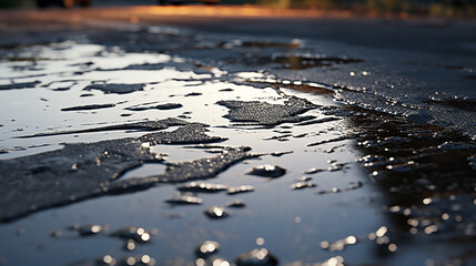 asphalt road with puddles road reflecting puddles seen close up