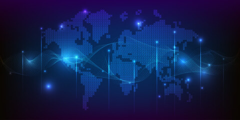 vector illustration of blue futuristic technology world map with random glowing particle floating ar