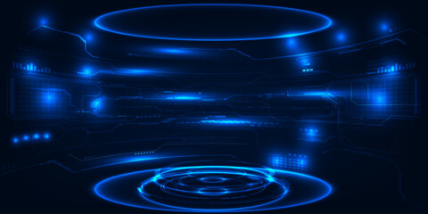 Vector illustrations of Virtual digital futuristic glowing neon stage with digital element around and curve empty screen for advertising and game artwork.Future technology and innovation concepts.