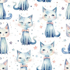Naklejka na meble Seamless pattern with watercolor cute cats in scandinavian style isolated on white background.