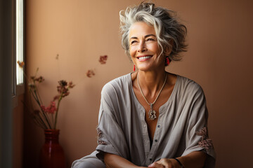 Wall Mural - portrait of an elderly beautiful woman 50 years old, with white gray hair, a wide smile, in yoga clothes, on a beige background