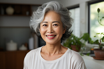 Wall Mural - senior Asian woman with white gray hair in a white T-shirt against the background of the interior