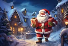 Little Cute​ Santa​claus​ Going Down The Chimney Department Along With Gifts On Christmas Night Amidst The Beautiful Snow.
