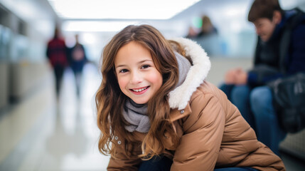 portrait of a girl sitting on the seats in the airport