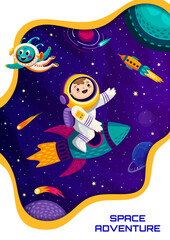 Poster - Space poster, cartoon kid astronaut on rocketship flying in galaxy, vector background. Boy spaceman adventure in galaxy fantasy with alien UFO and rocket or galactic spacecraft in outer space planets