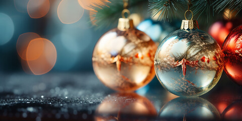 close up of lighted christmas tree ornament, winter holidays decoration, copy space, greeting card