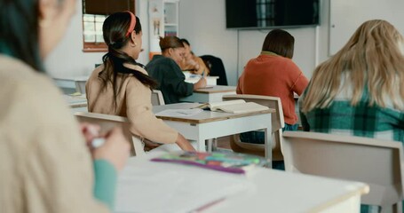 Poster - Talking, friends and passing a letter in class for communication, education or a secret. School, speaking and girl kids or students with a paper note for a teenager, learning and giving a message