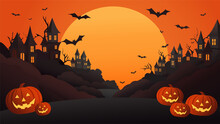 Halloween Pumpkins, Bats, Scary Buildings Against The Backdrop Of A Big Orange Moon. Holiday Flyer, Poster Or Banner.