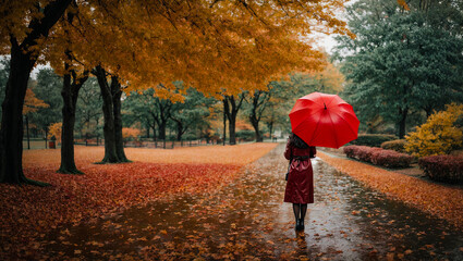 Wall Mural - Lonely girl stands in the autumn park, rain