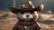 Close up, head and shoulders,  of baby otter dressed as wild west cowboy in the desert
