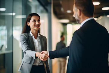 Wall Mural - happy middle aged business woman meets its client and shakes hands in a modern office. smiling femal