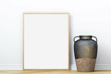 Frame mockup with vase and wood frame