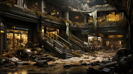 Poster - a destroyed building with stairs and debris