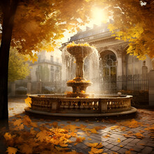Autumn Landscape Of Paris, Park Fountains, Fallen Leaves