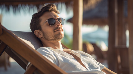 Wall Mural - Portrait of happy young man relaxing on wooden deck chair at tropical beach