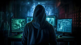 Fototapeta Fototapety z końmi - Back view of unrecognizable man in hoodie standing near desk and reading stolen data from computer, monitors in dark room before massive cyber attack on servers generativ ai