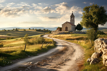 Canvas Print - Beautiful countryside landscape with serene setting with a rustic stone church in the distance Generative AI Illustration