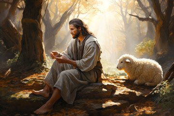 Wall Mural - Illustration of Jesus Christ The Shepherd in the middle of nature looking for and finding the lost sheep offering salvation Generative AI