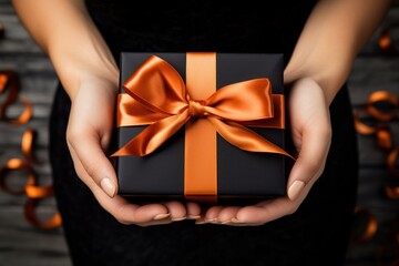 Wall Mural - Woman holds a black gift box with orange bow, Halloween celebration