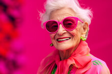 Generative AI Illustration Of Elderly Fashionable Female With Wrinkled Face Wearing Sunglasses And Earrings Looking At Camera While Standing Against Pink Background