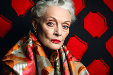 Generative AI Illustration Of Elderly Fashionable Female With Wrinkled Face And Blue Eyes Wearing Earrings Looking At Camera While Standing Against Red And Black Background