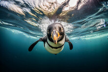 Generative AI Illustration Of Black And White Penguin With Long Beak Swimming Underwater With Sunbeams
