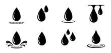 Water Drop Icon. Black Liquid Droplet Silhouette. Set Of Raindrop With Splash. Collection Of Simple Blood Drops. Vector Illustration.