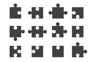 Poster - Puzzle pieces black icon set. Variety blank mosaic shapes on isolated background. vector