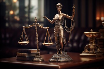 Wall Mural - Statue of u s lady justice on the table top in front of the sunlight