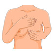 Woman performing monthly breast check for tumor and lump. Cancer self exam. Part of female torso with hands over the boobs