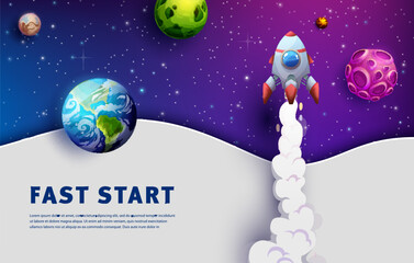 Poster - Space landing page. Business fast start. Startup launch social media homepage template, company internet site vector layout or business project website background with cartoon rocket spaceship takeoff