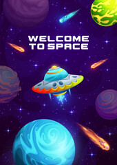 Poster - Cartoon galaxy space poster with ufo and universe landscape. Vector alien world space planets, stars, asteroids and meteors on starry sky background with cute flying saucer, astronomy science banner