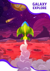 Poster - Spaceship launch from space planet of alien galaxy, vector astronomy science and space exploration. Cartoon rocket take off with smoke and fire with fantasy galaxy landscape, starry sky and asteroids