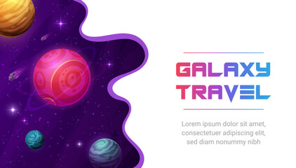 Poster - Galaxy travel. Space landing page with paper cut space landscape, cartoon fantasy planets, stars and asteroids. Vector template of galaxy exploration and astronomy science website landing page