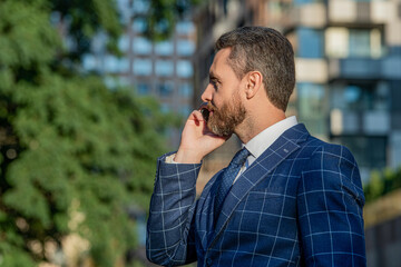 photo of businessman call on phone and talk, advertisement. businessman