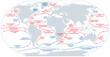 World map of major ocean currents. Continuous, directed movement of seawater generated by forces acting upon the water, like wind, temperature, etc. Warm currents shown in red, cold currents in blue.
