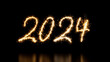 © RocknRoller Studios - Gold Sparkler Firework Text with 2024 Caption on Black. New Year Banner.
