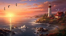 A Coastal Village At Sunset, With Lighthouses, Seagulls, And The Serene Beauty Of Maritime Evenings