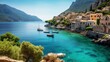 a coastal village on a Mediterranean island, with turquoise waters, stone houses, and the timeless allure of island living