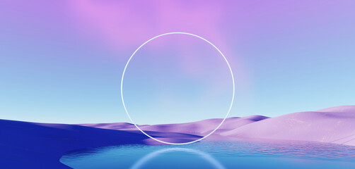 Wall Mural - 3d render, abstract surreal pastel landscape background with arches and podium for showing product, 